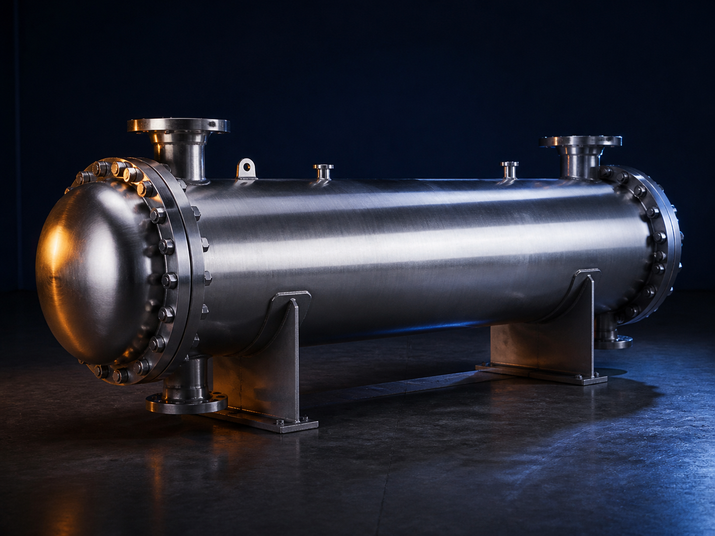 Illustrative stainless-steel shell-and-tube industrial heat exchanger