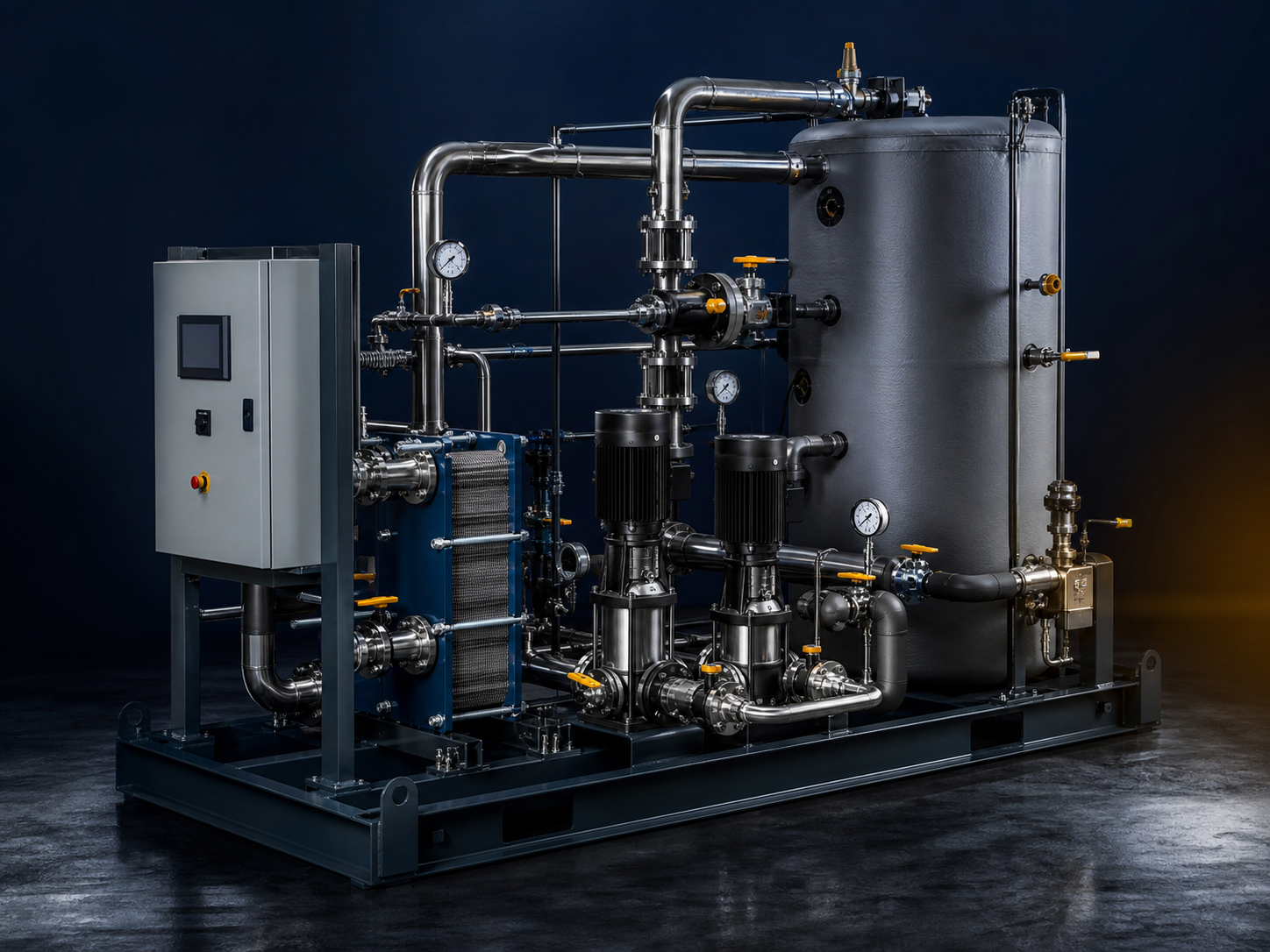Illustrative skid-mounted hot-water generation package with plate exchanger, pumps and controls