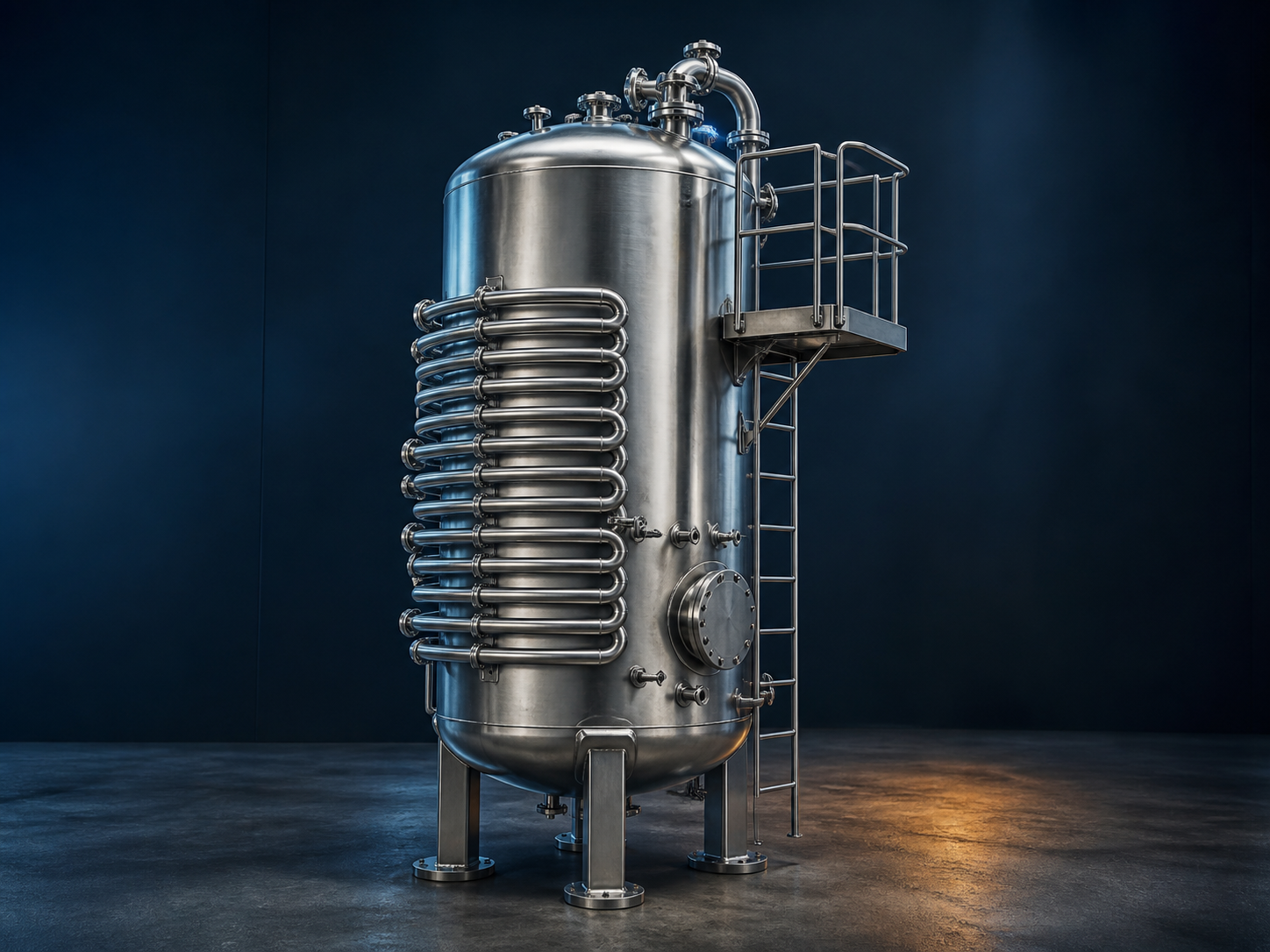 Illustrative stainless-steel pressure vessel with external thermal coil and access platform